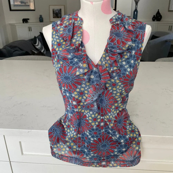 Chaps Denim Sleeveless V Neck w Frills Lined Print Top Blue Red Gold Sz S - Picture 1 of 9